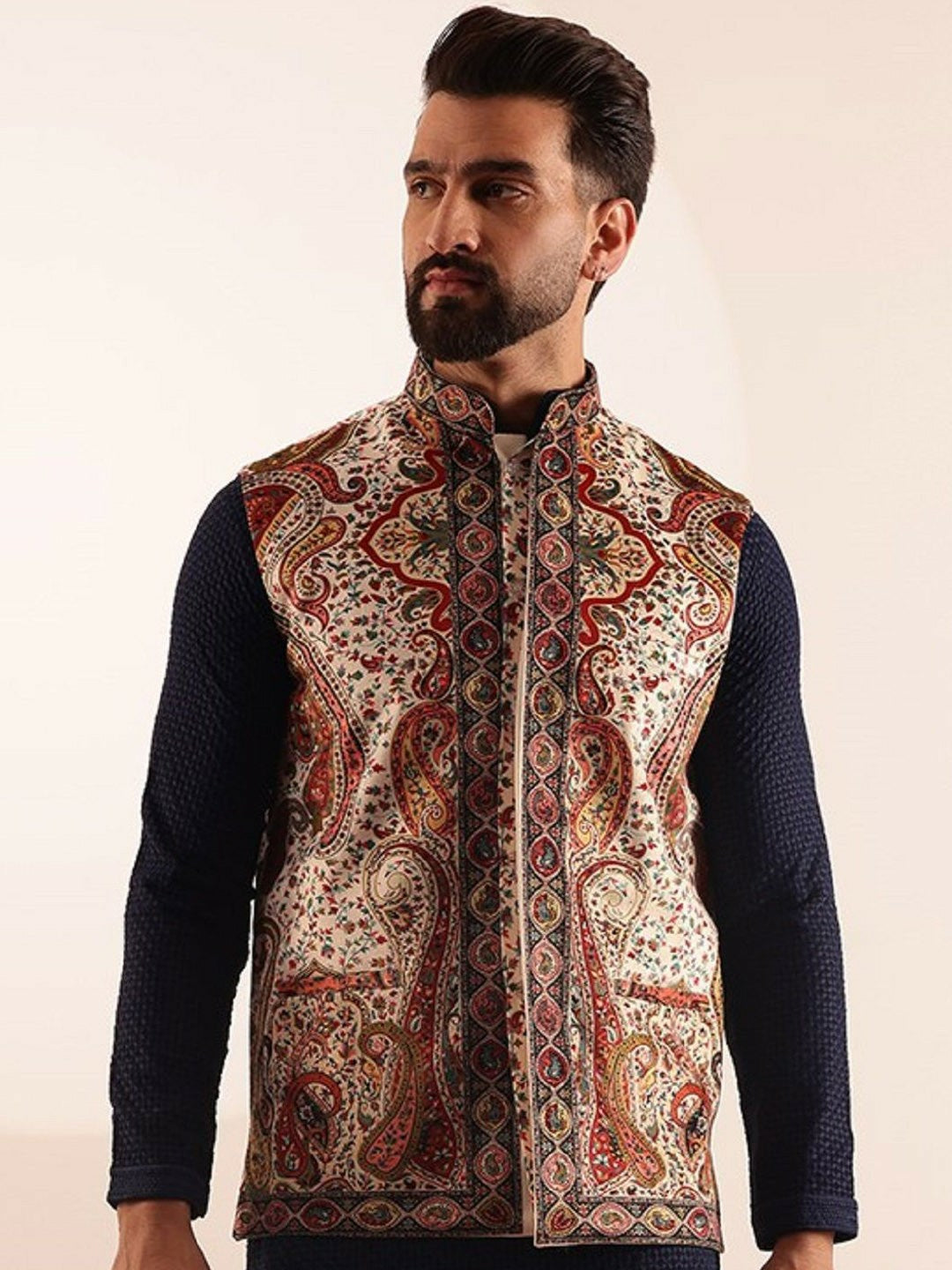 Men’s Cream Paisley Printed Nehru Jacket – Festive Elegance