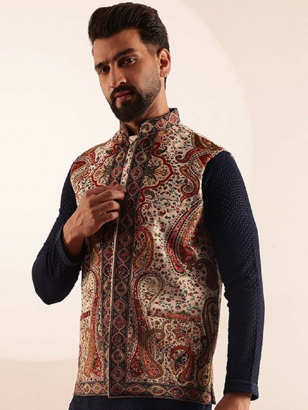 Men’s Cream Paisley Printed Nehru Jacket – Festive Elegance