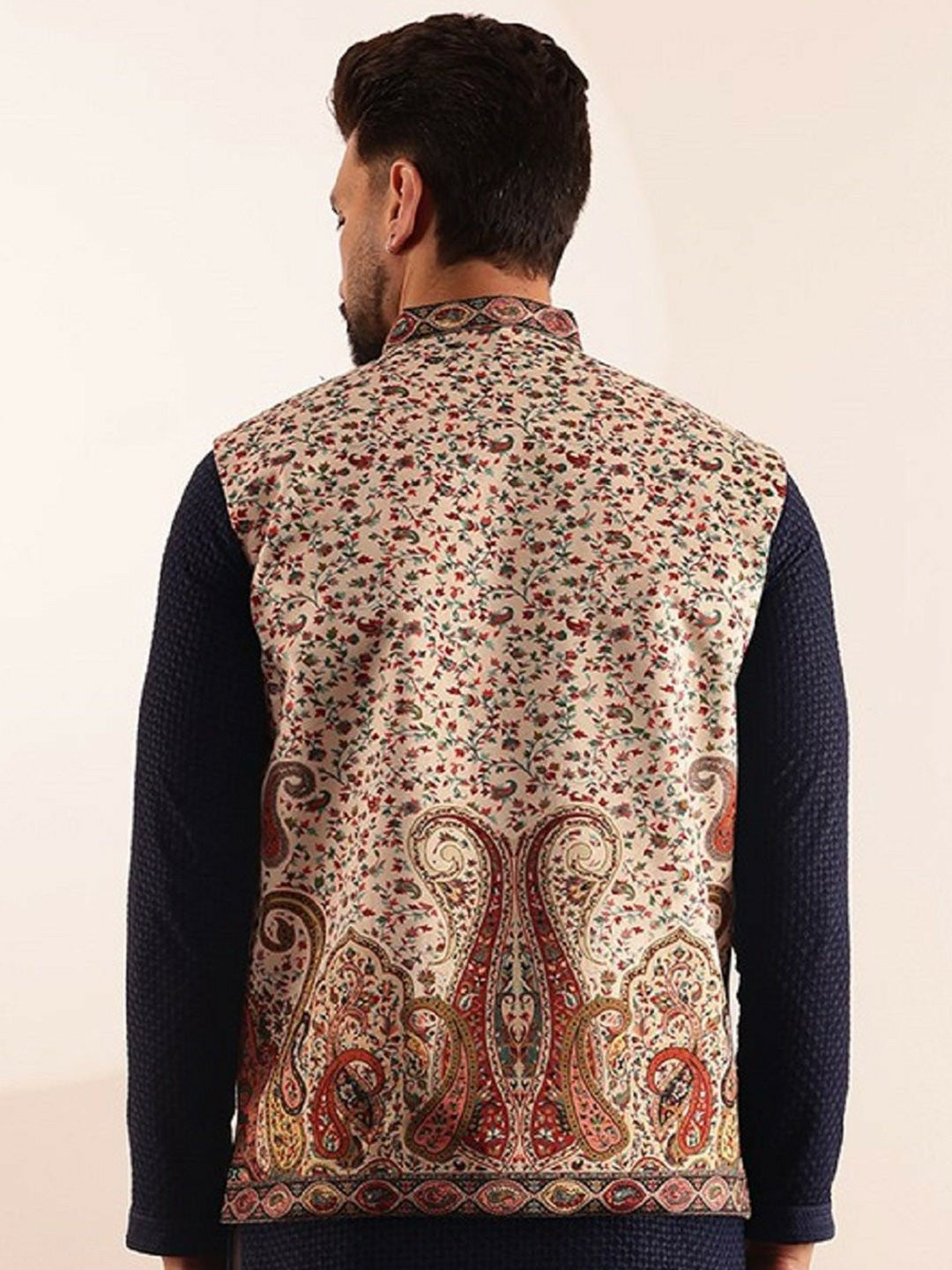 Men’s Cream Paisley Printed Nehru Jacket – Festive Elegance