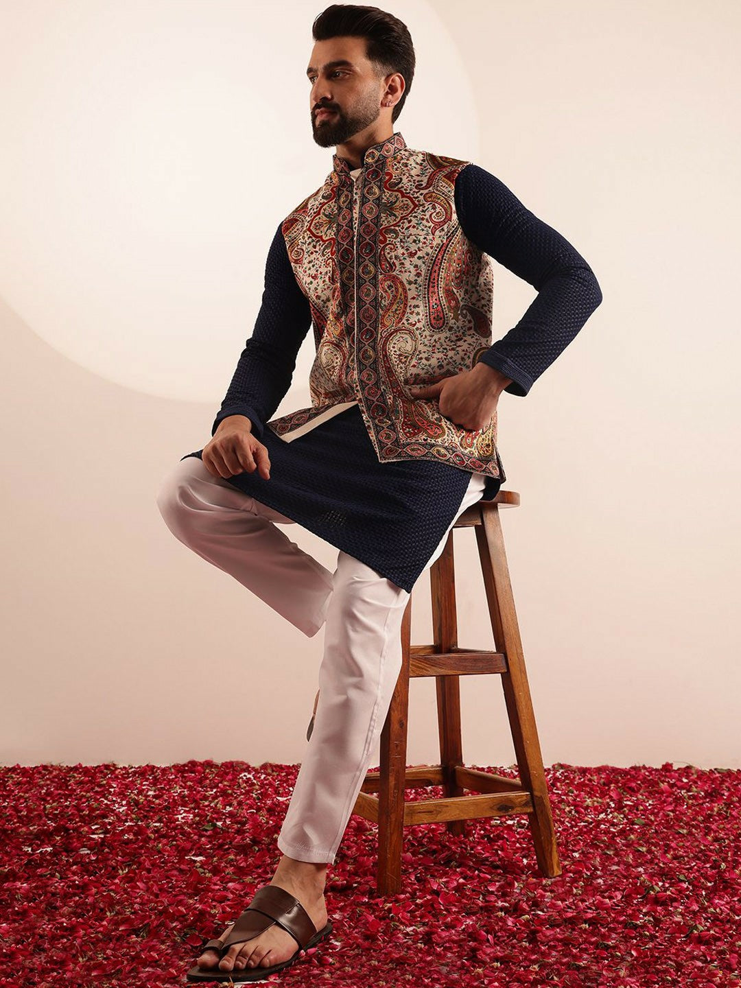 Men’s Cream Paisley Printed Nehru Jacket – Festive Elegance