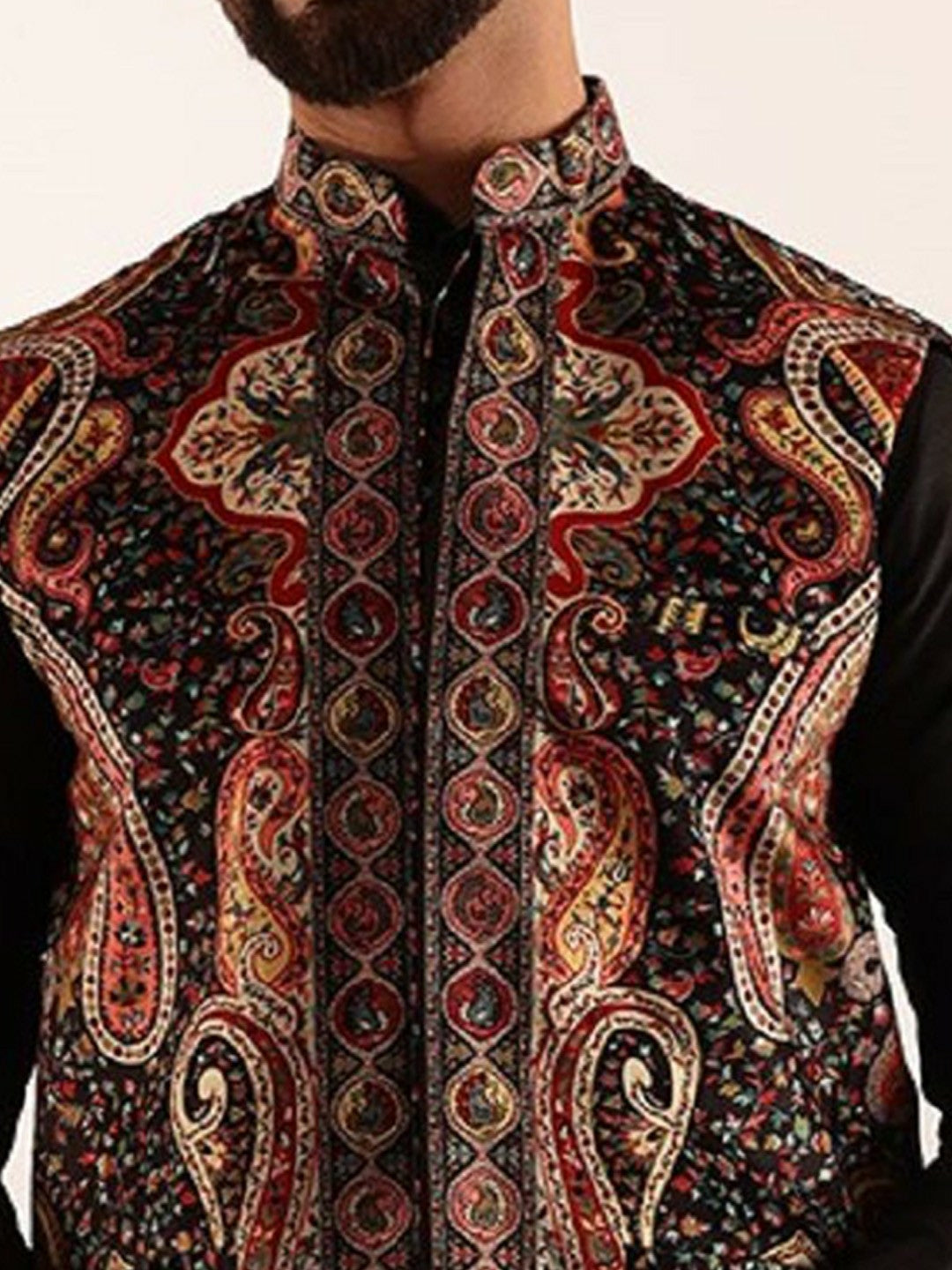Men’s Black Velvet Printed Nehru Jacket – Festive Elegance