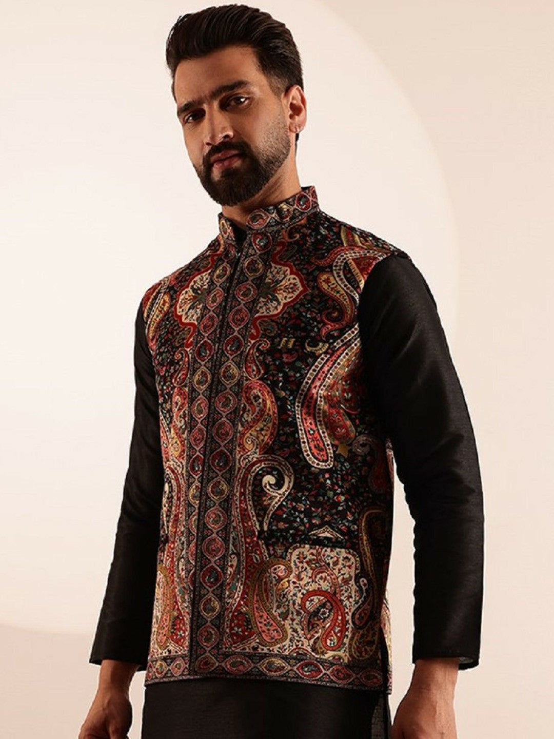 Men’s Black Velvet Printed Nehru Jacket – Festive Elegance
