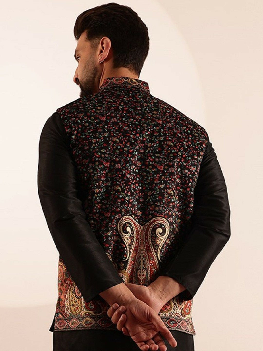 Men’s Black Velvet Printed Nehru Jacket – Festive Elegance