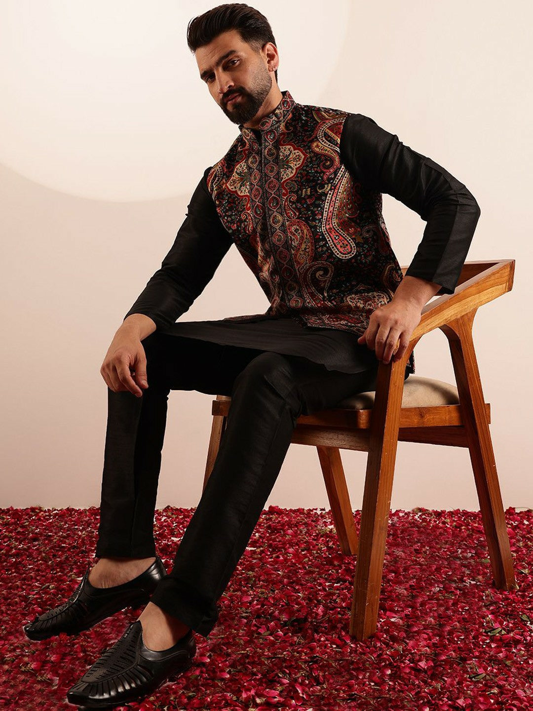 Men’s Black Velvet Printed Nehru Jacket – Festive Elegance