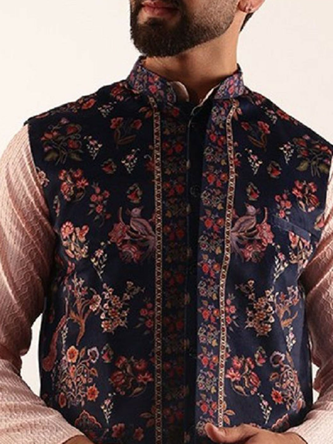 Men’s Navy Blue Paisley Printed Nehru Jacket – Traditional Elegance