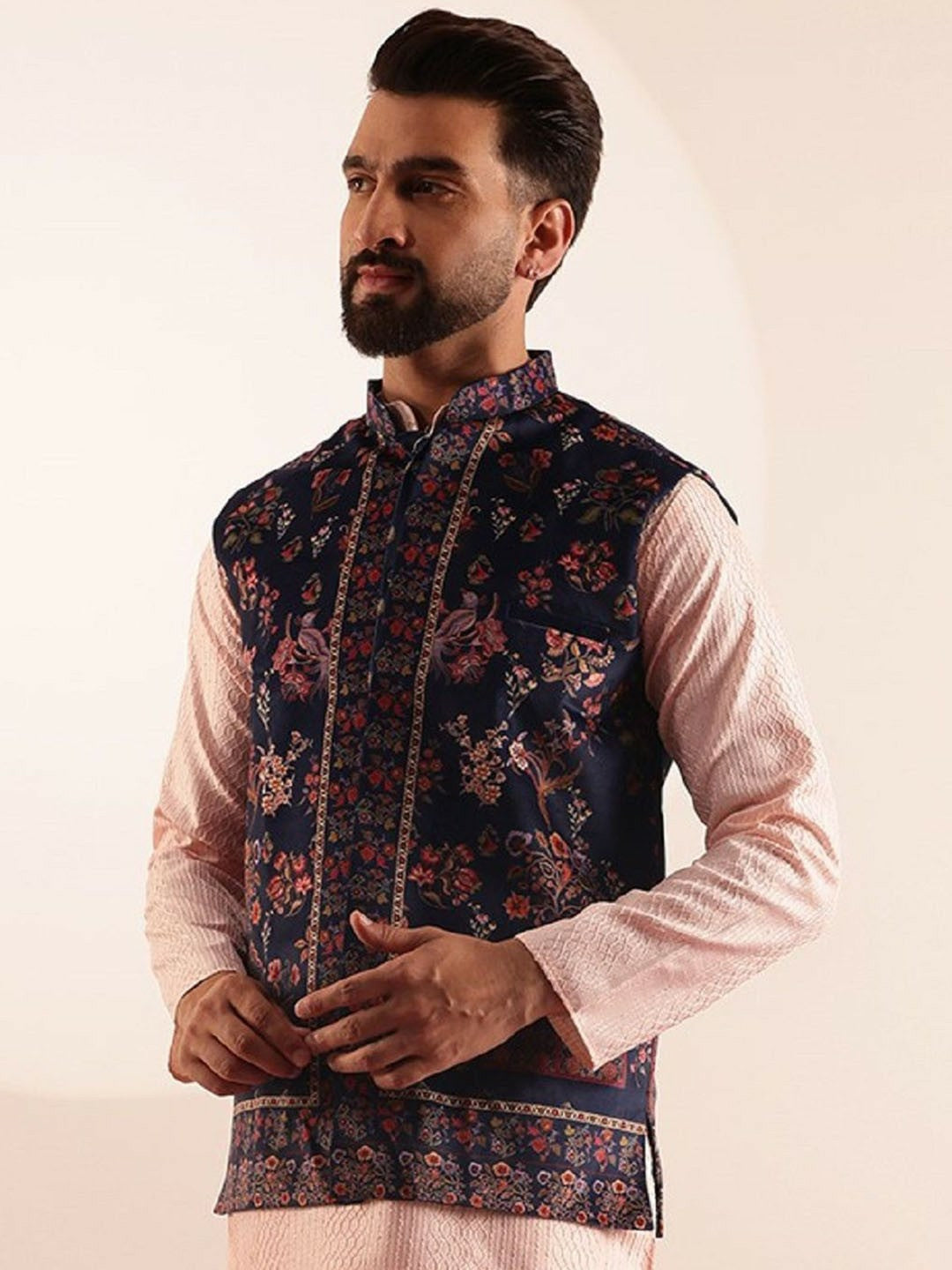 Men’s Navy Blue Paisley Printed Nehru Jacket – Traditional Elegance