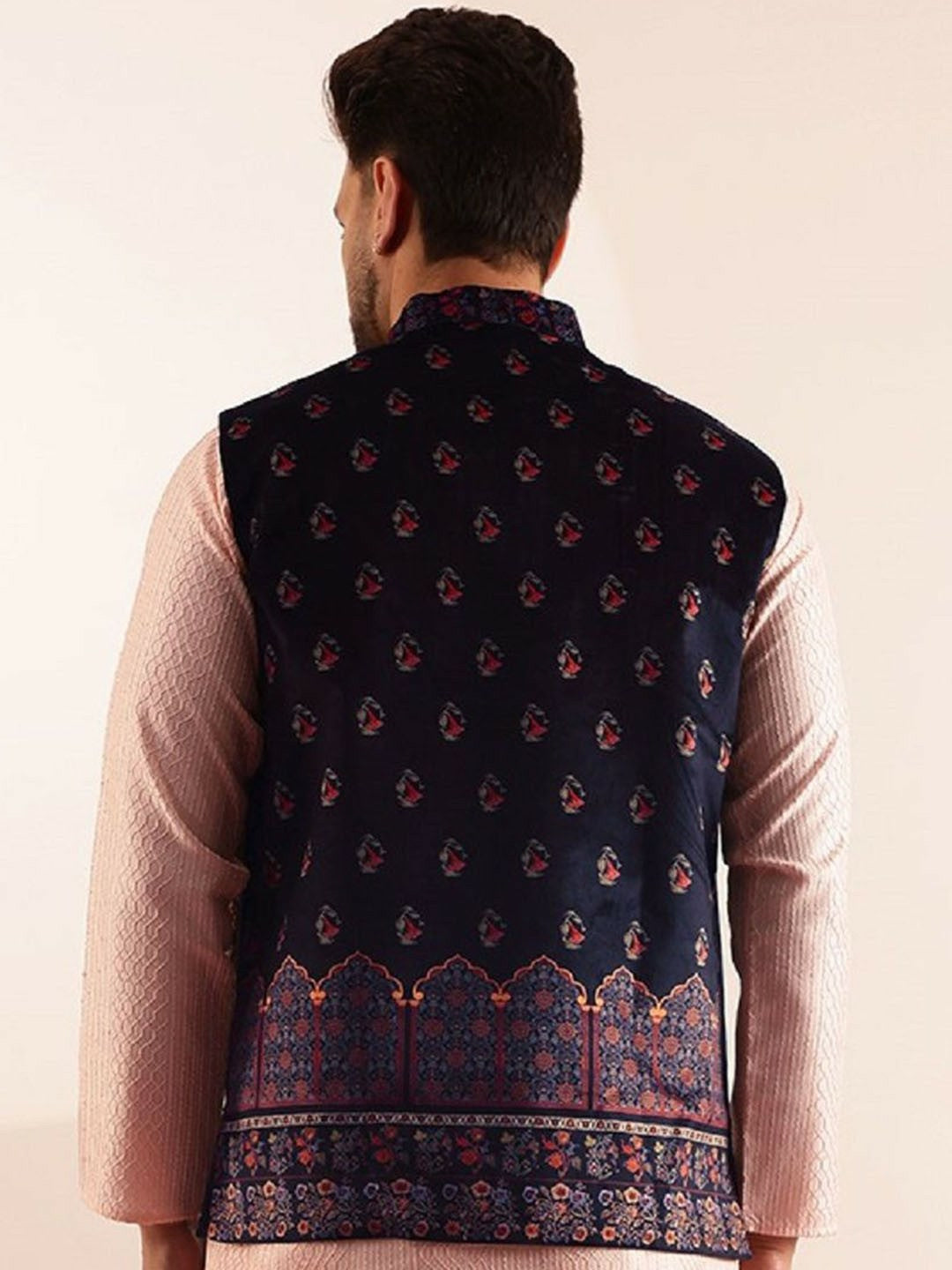 Men’s Navy Blue Paisley Printed Nehru Jacket – Traditional Elegance