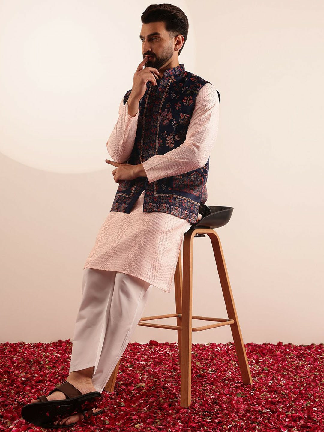 Men’s Navy Blue Paisley Printed Nehru Jacket – Traditional Elegance