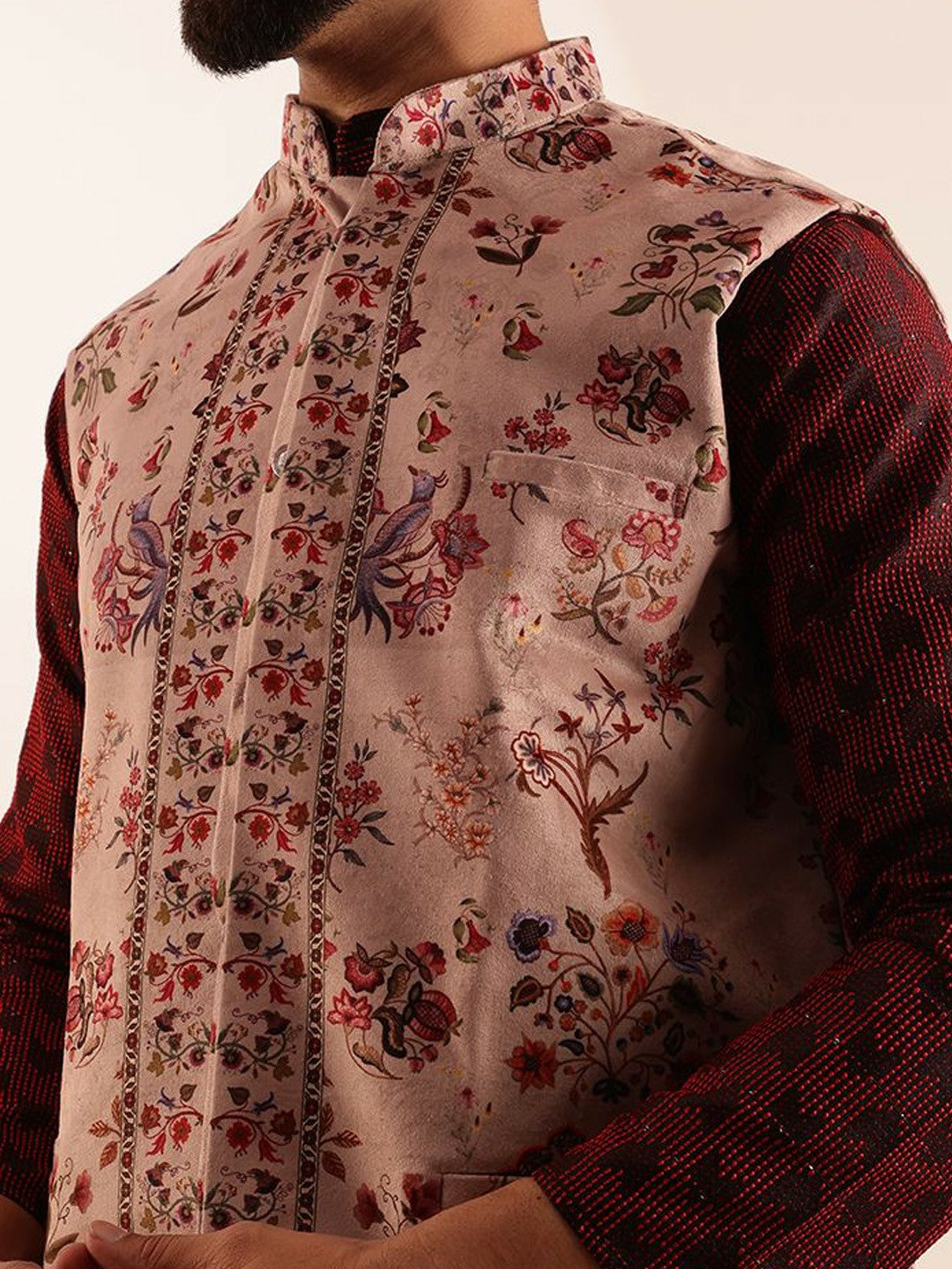 Men’s Maroon Velvet Printed Nehru Jacket – Festive Elegance