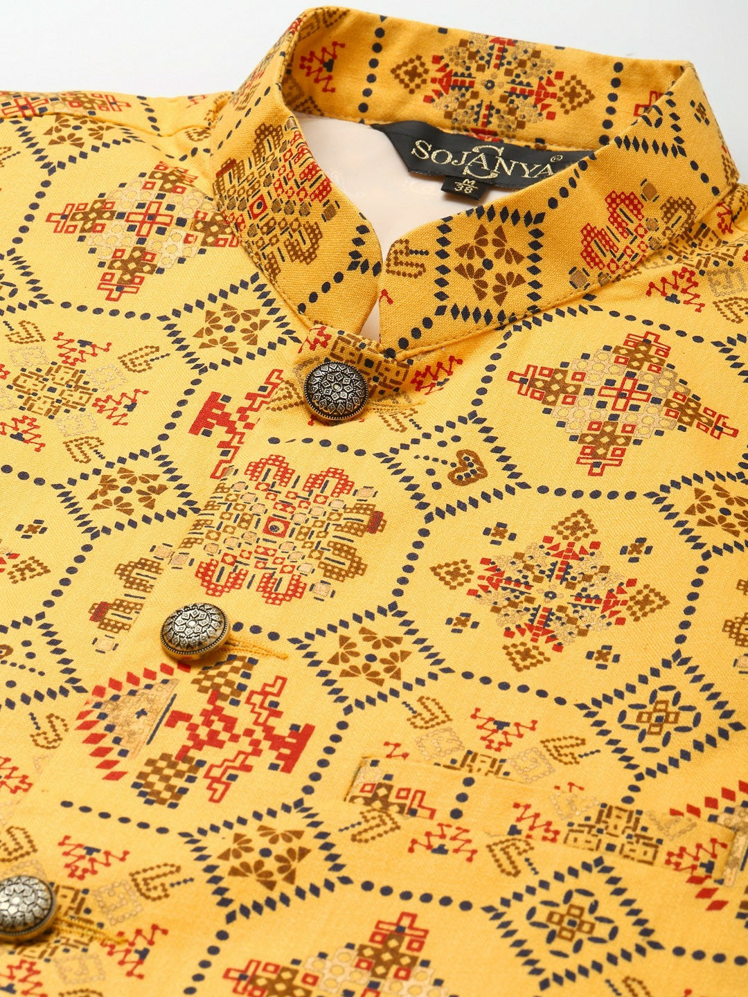 Men’s Yellow Ethnic Motifs Printed Nehru Jacket – Traditional Elegance