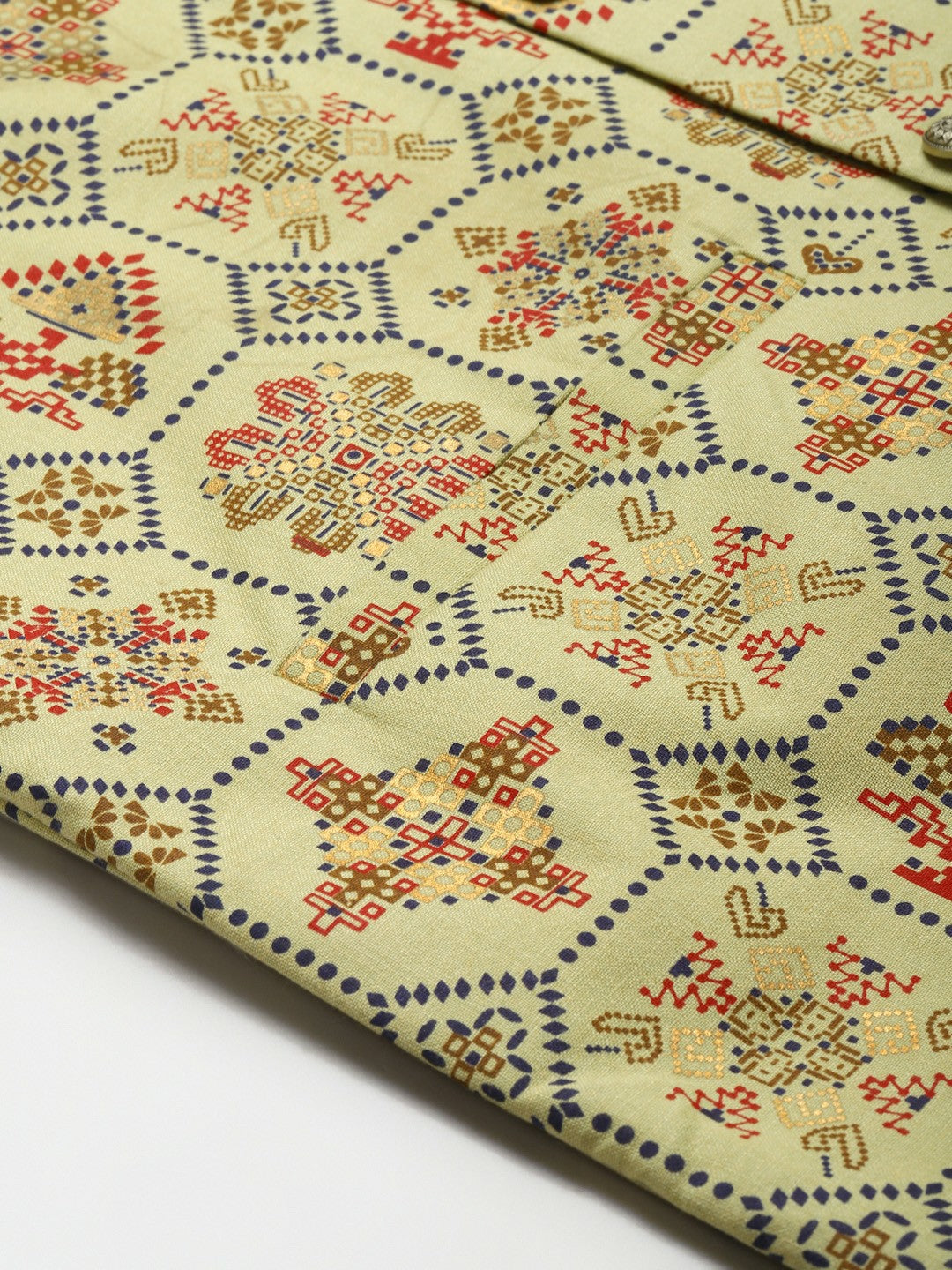 Men’s Olive Green Ethnic Motifs Printed Nehru Jacket – Traditional Elegance