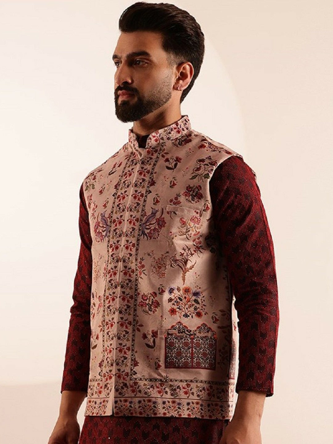 Men’s Maroon Velvet Printed Nehru Jacket – Festive Elegance