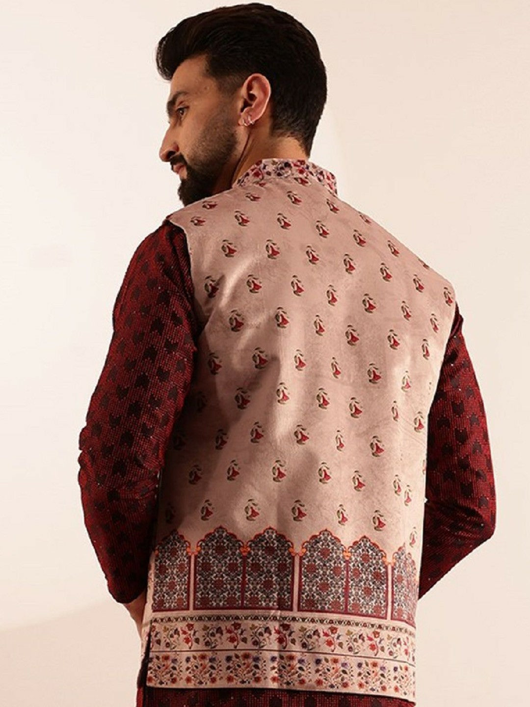 Men’s Maroon Velvet Printed Nehru Jacket – Festive Elegance