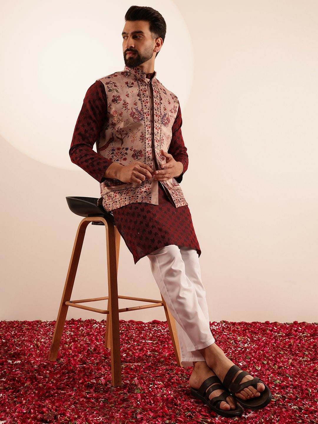 Men’s Maroon Velvet Printed Nehru Jacket – Festive Elegance