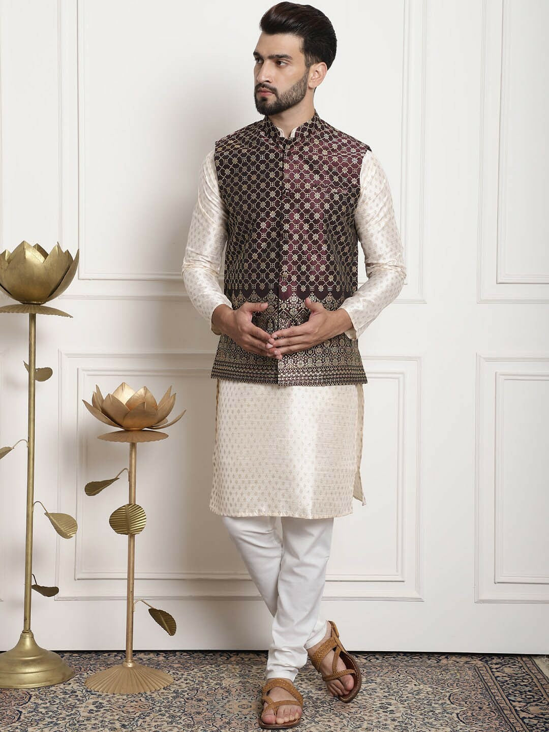 Men’s Purple Embroidered Mandarin Collar Nehru Jacket – Regal Festive Wear