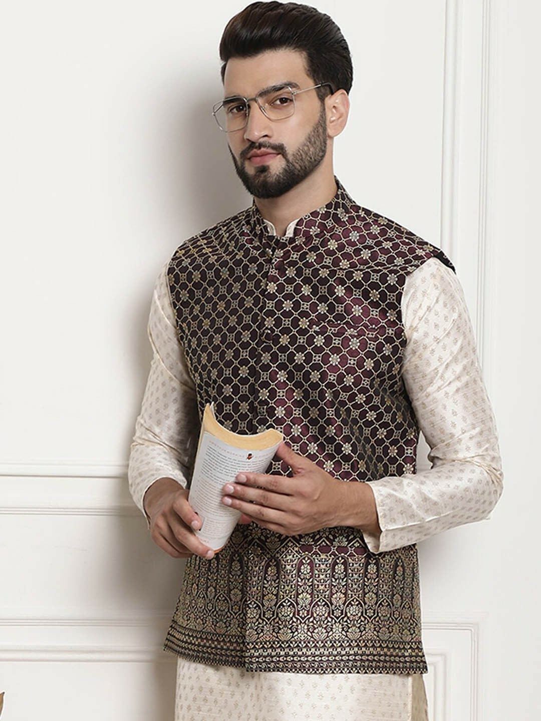 Men’s Purple Embroidered Mandarin Collar Nehru Jacket – Regal Festive Wear