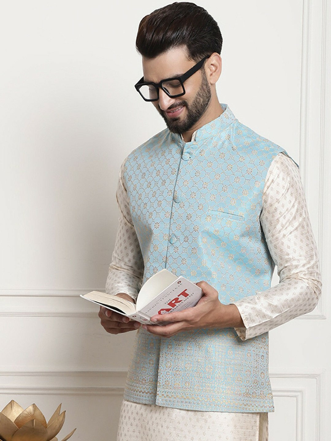 Men’s Blue & Gold Ethnic Motifs Woven Nehru Jacket – Timeless Elegance