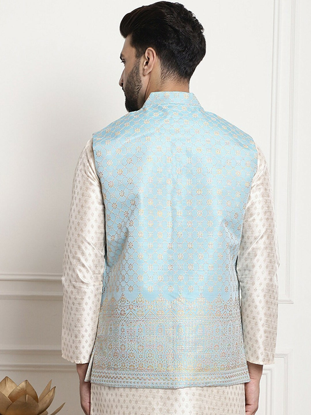 Men’s Blue & Gold Ethnic Motifs Woven Nehru Jacket – Timeless Elegance