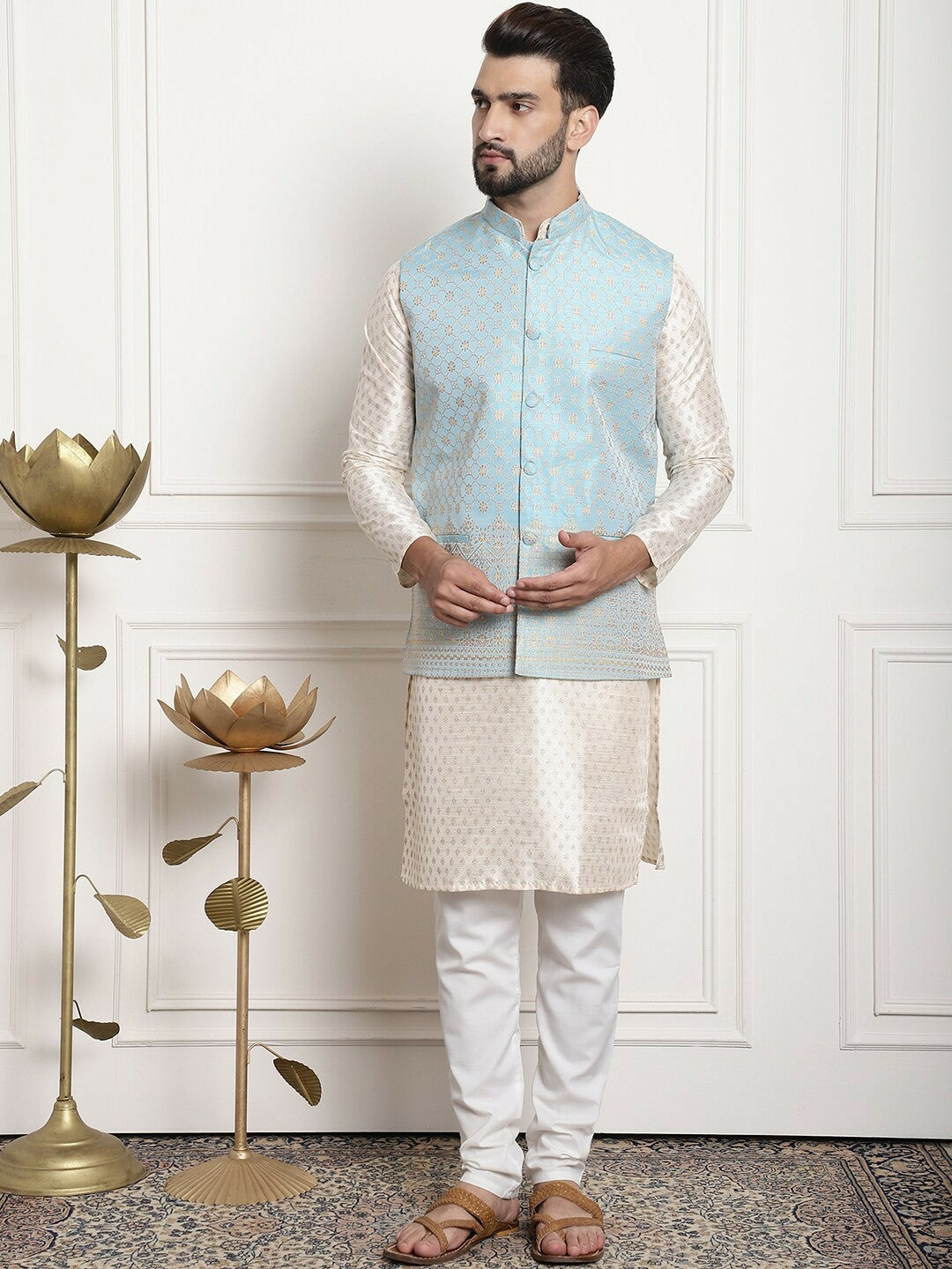 Men’s Blue & Gold Ethnic Motifs Woven Nehru Jacket – Timeless Elegance