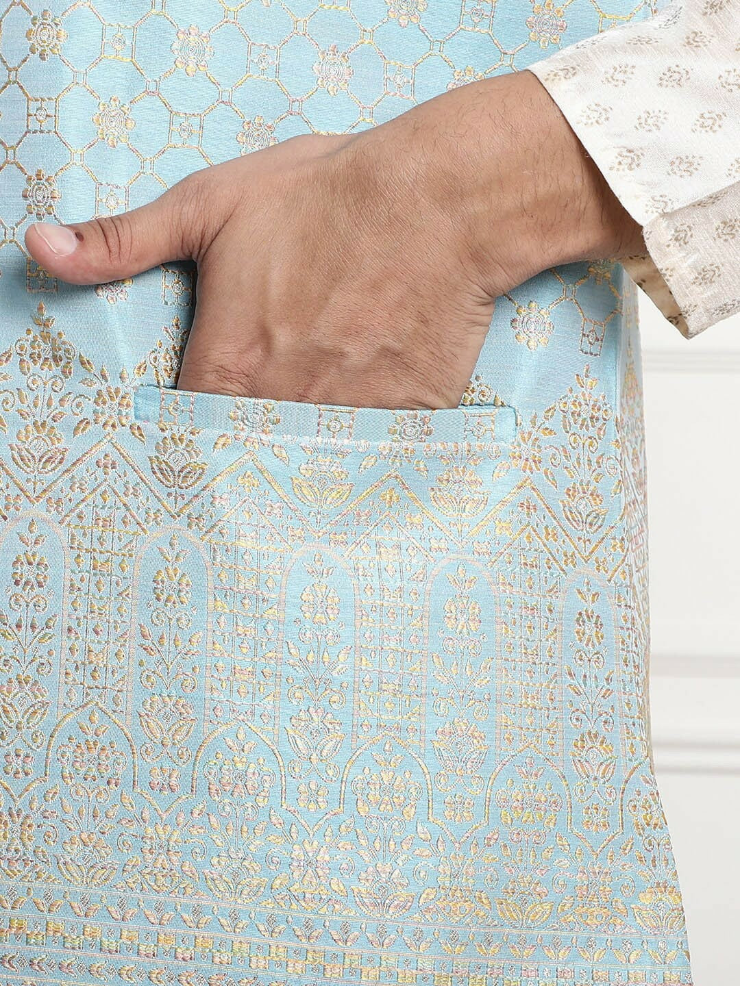 Men’s Blue & Gold Ethnic Motifs Woven Nehru Jacket – Timeless Elegance