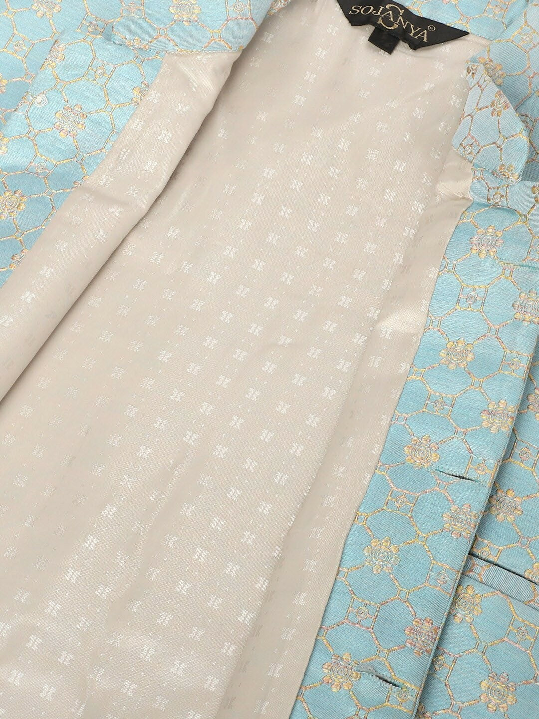 Men’s Blue & Gold Ethnic Motifs Woven Nehru Jacket – Timeless Elegance