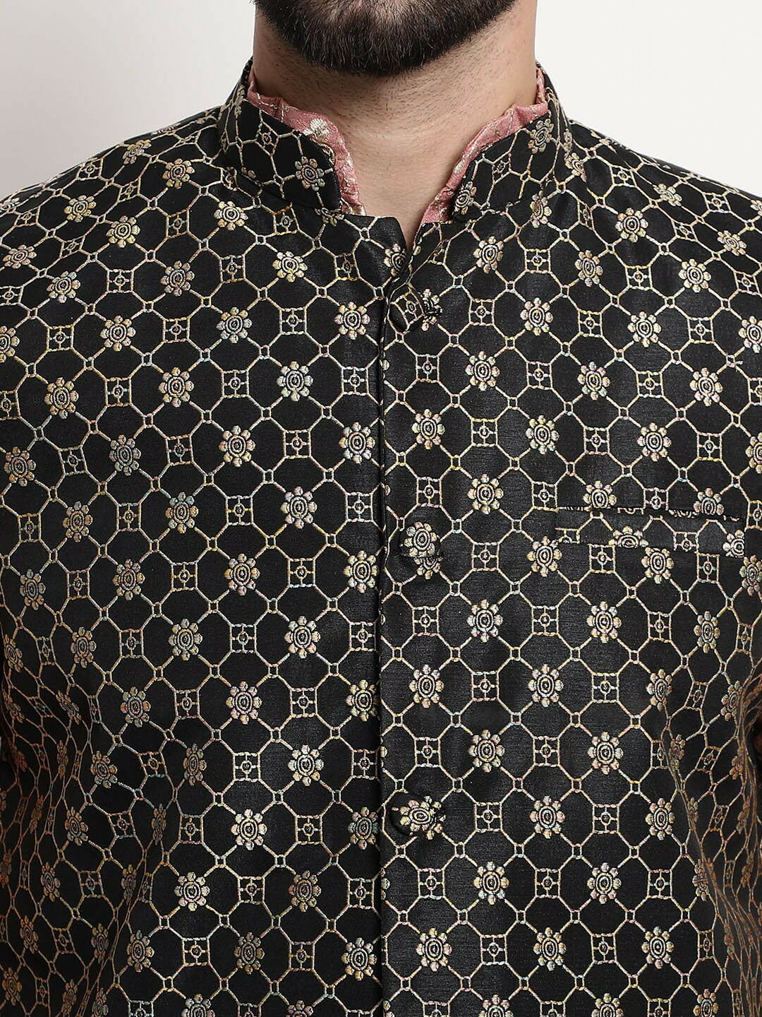 Men’s Black & Gold Embroidered Ethnic Motifs Nehru Jacket – Regal Festive Wear
