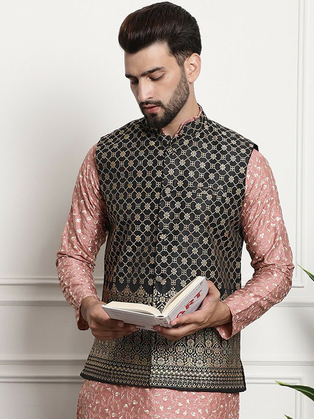 Men’s Black & Gold Embroidered Ethnic Motifs Nehru Jacket – Regal Festive Wear