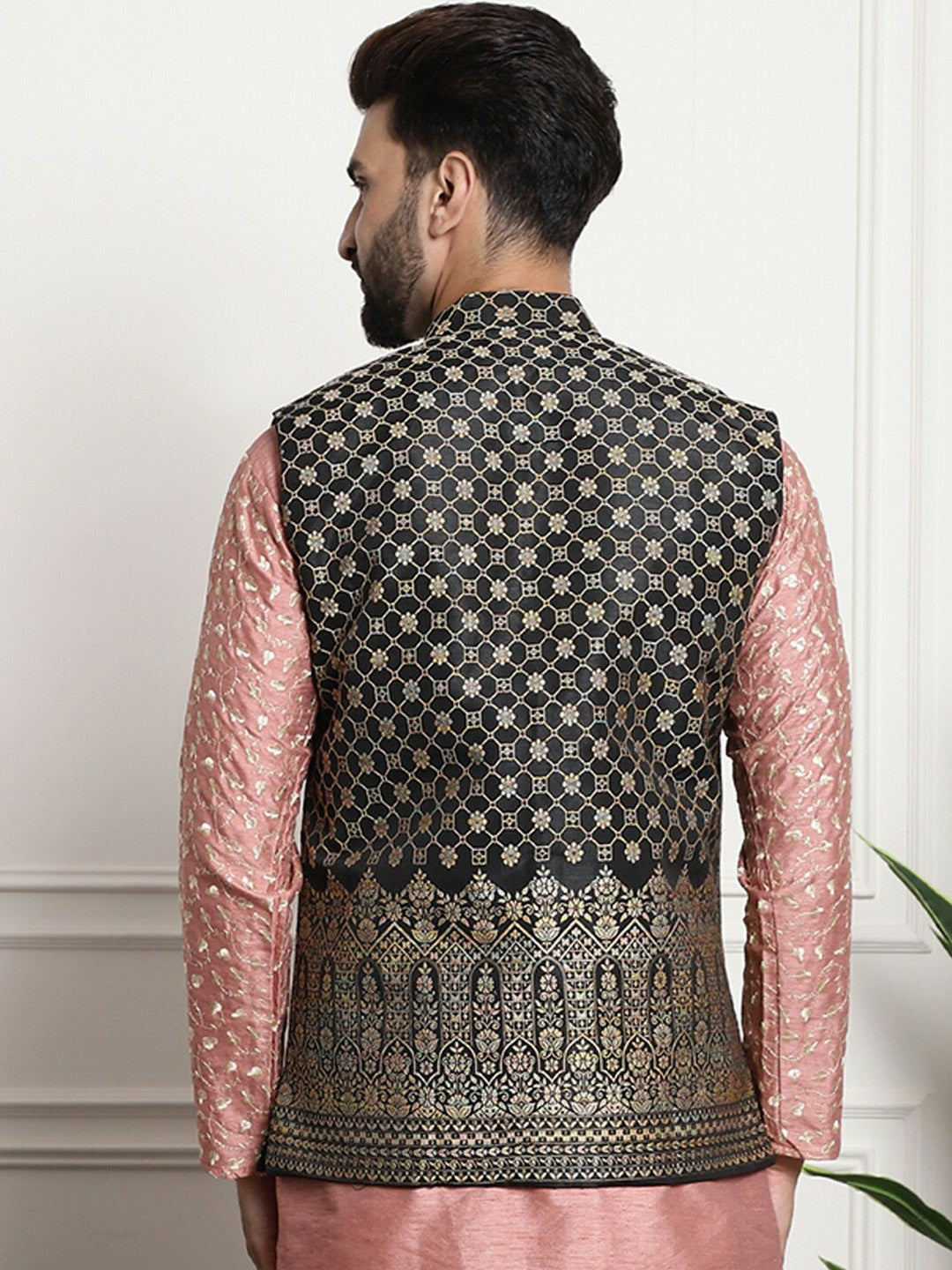 Men’s Black & Gold Embroidered Ethnic Motifs Nehru Jacket – Regal Festive Wear