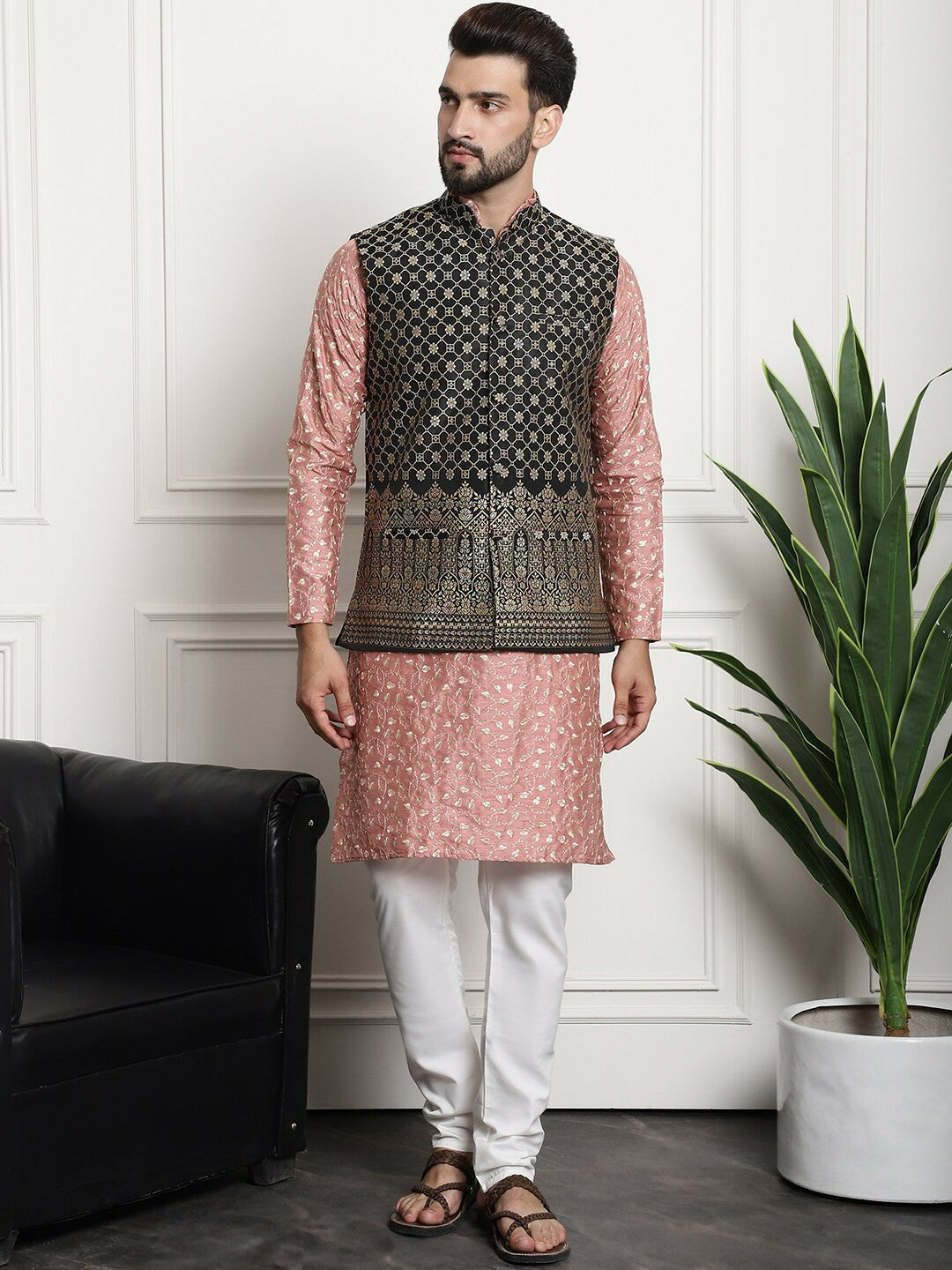 Men’s Black & Gold Embroidered Ethnic Motifs Nehru Jacket – Regal Festive Wear
