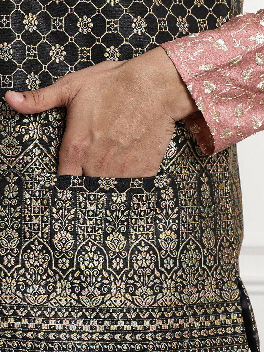 Men’s Black & Gold Embroidered Ethnic Motifs Nehru Jacket – Regal Festive Wear