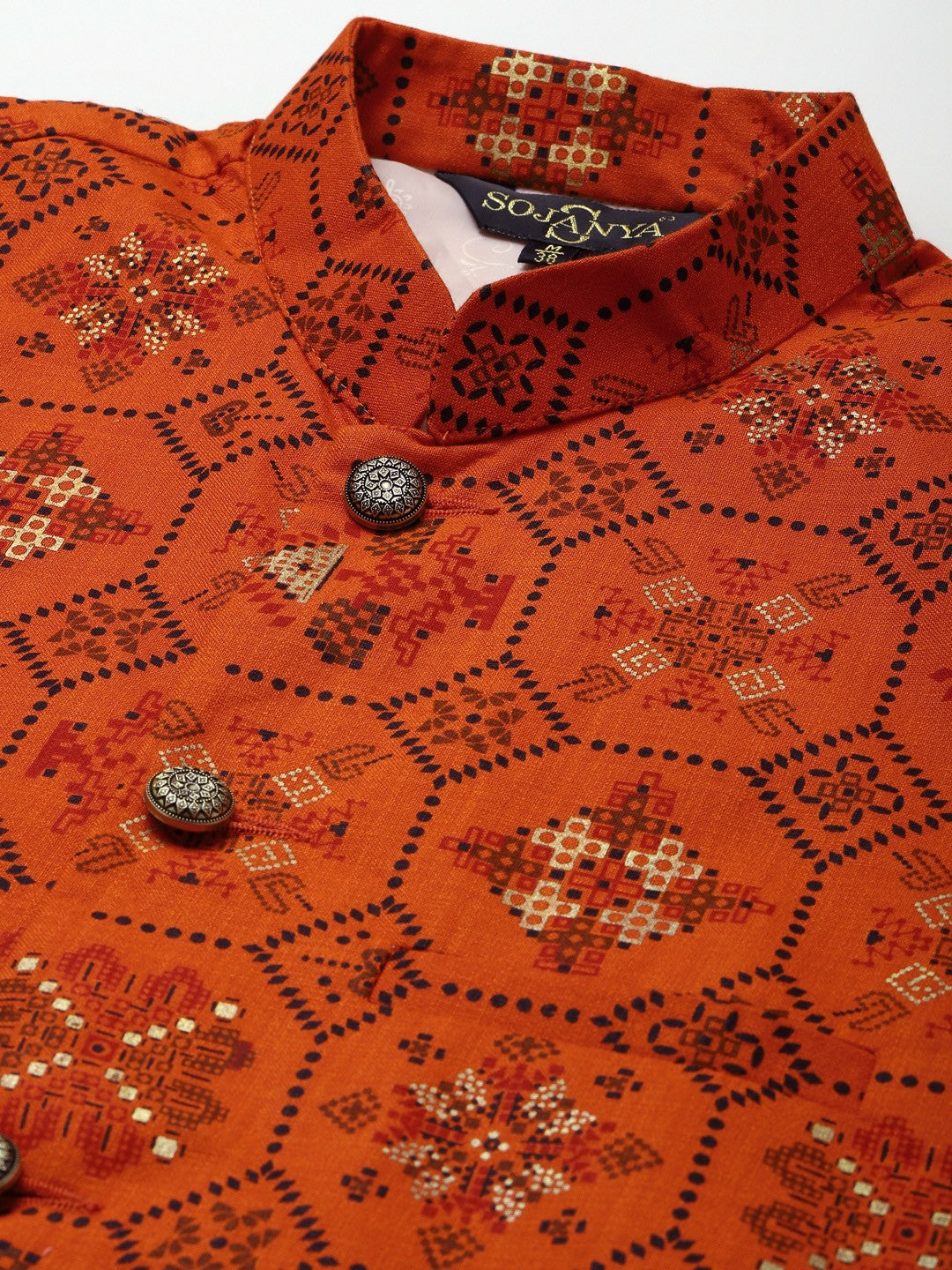 Men’s Orange Ethnic Motifs Printed Nehru Jacket – Traditional Elegance