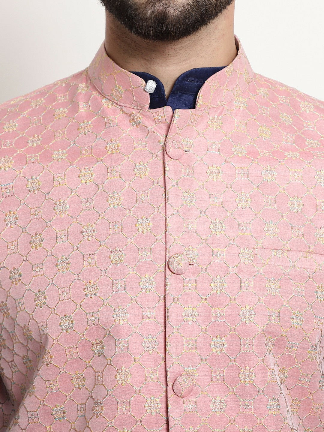Men’s Pink Jacquard Woven Nehru Jacket – Elegant Festive Wear