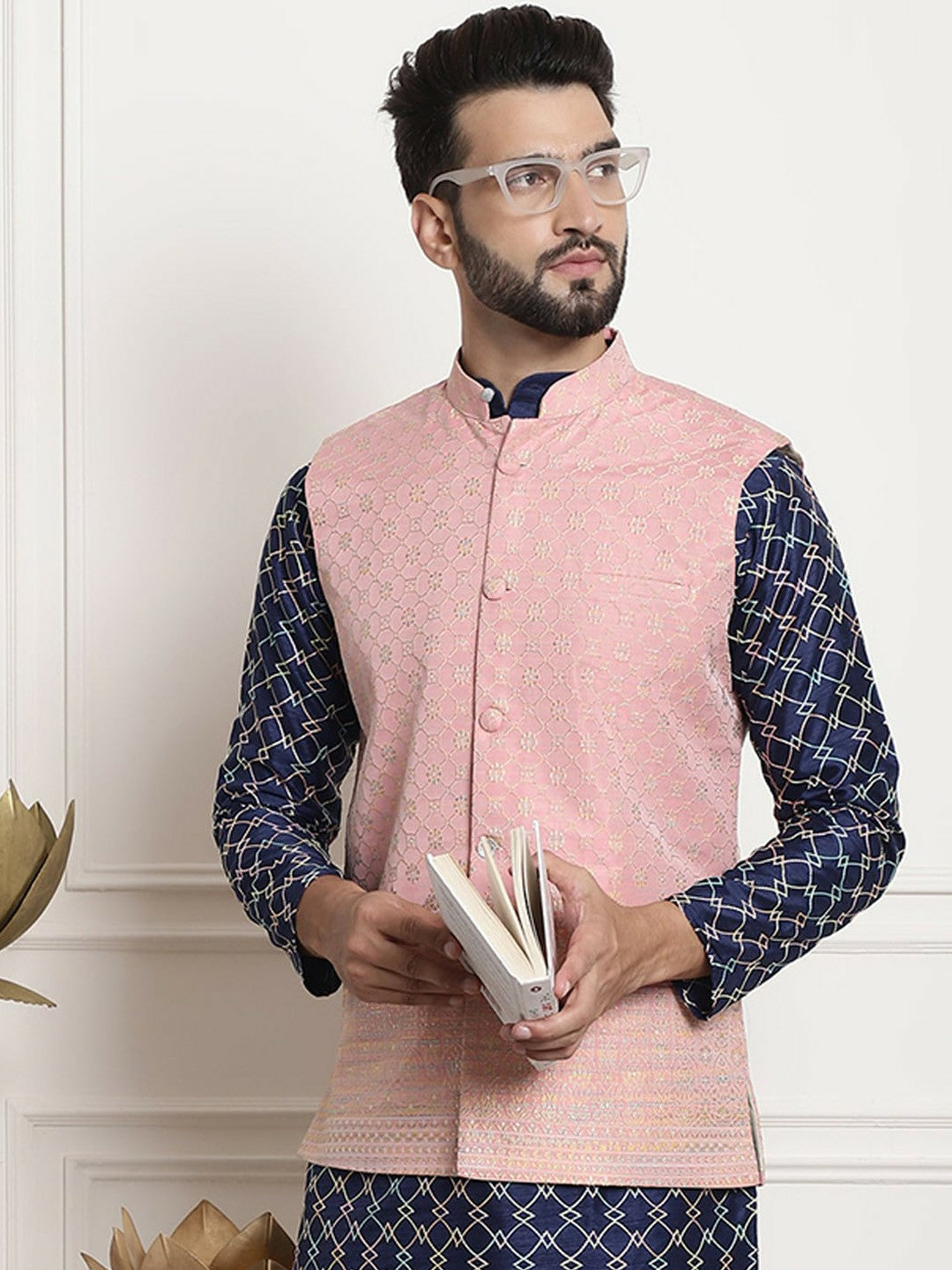 Men’s Pink Jacquard Woven Nehru Jacket – Elegant Festive Wear