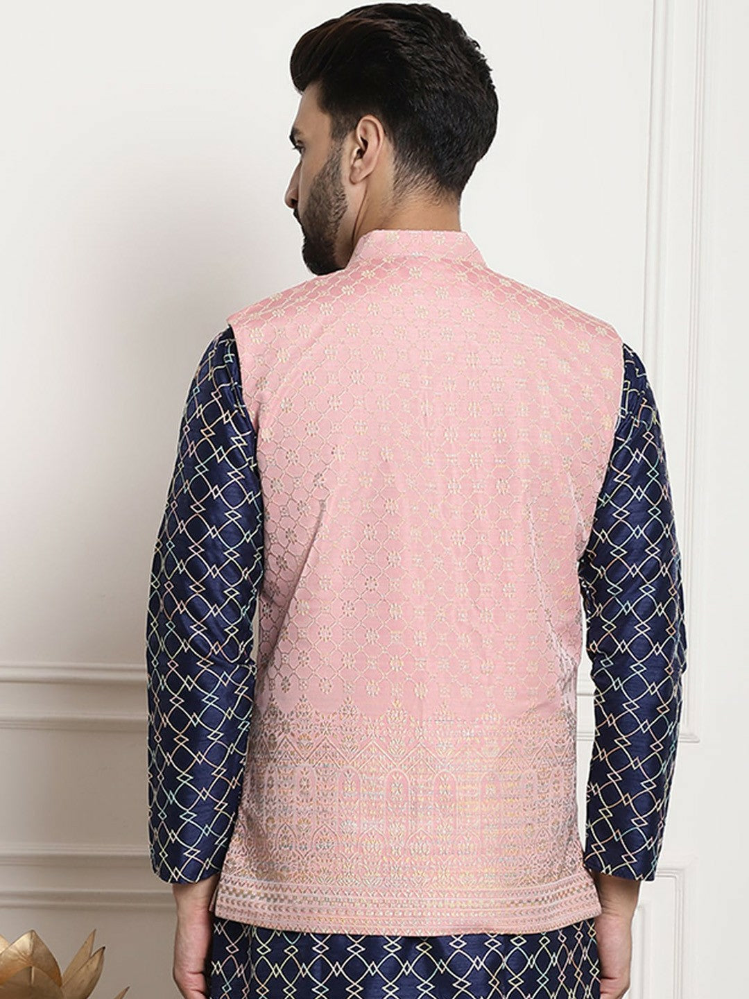 Men’s Pink Jacquard Woven Nehru Jacket – Elegant Festive Wear