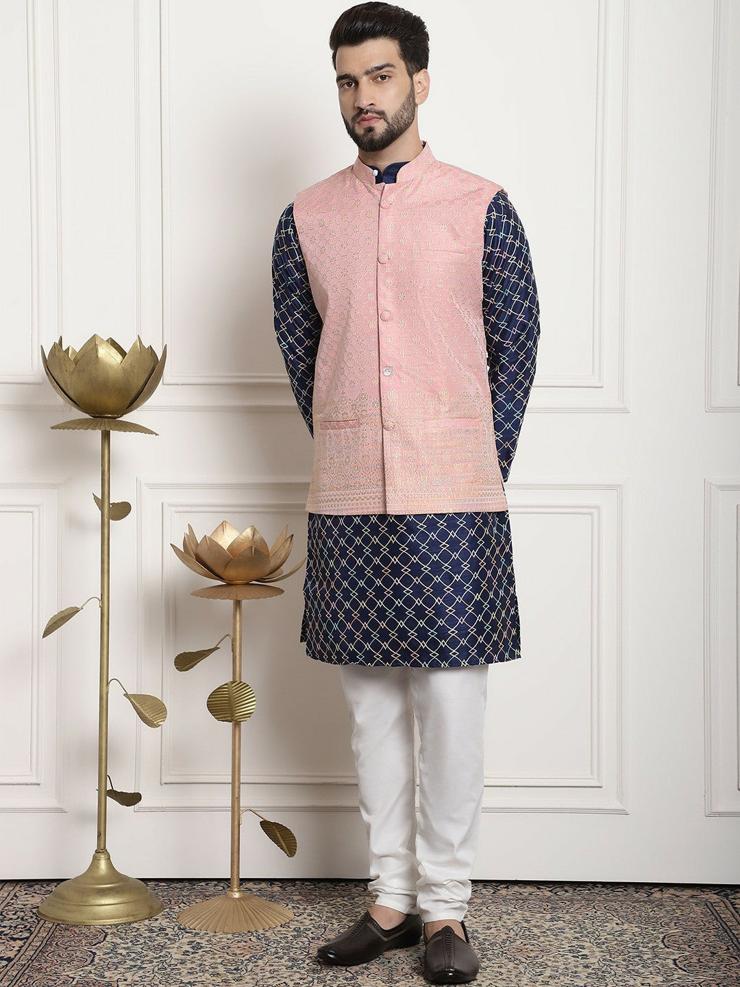 Men’s Pink Jacquard Woven Nehru Jacket – Elegant Festive Wear