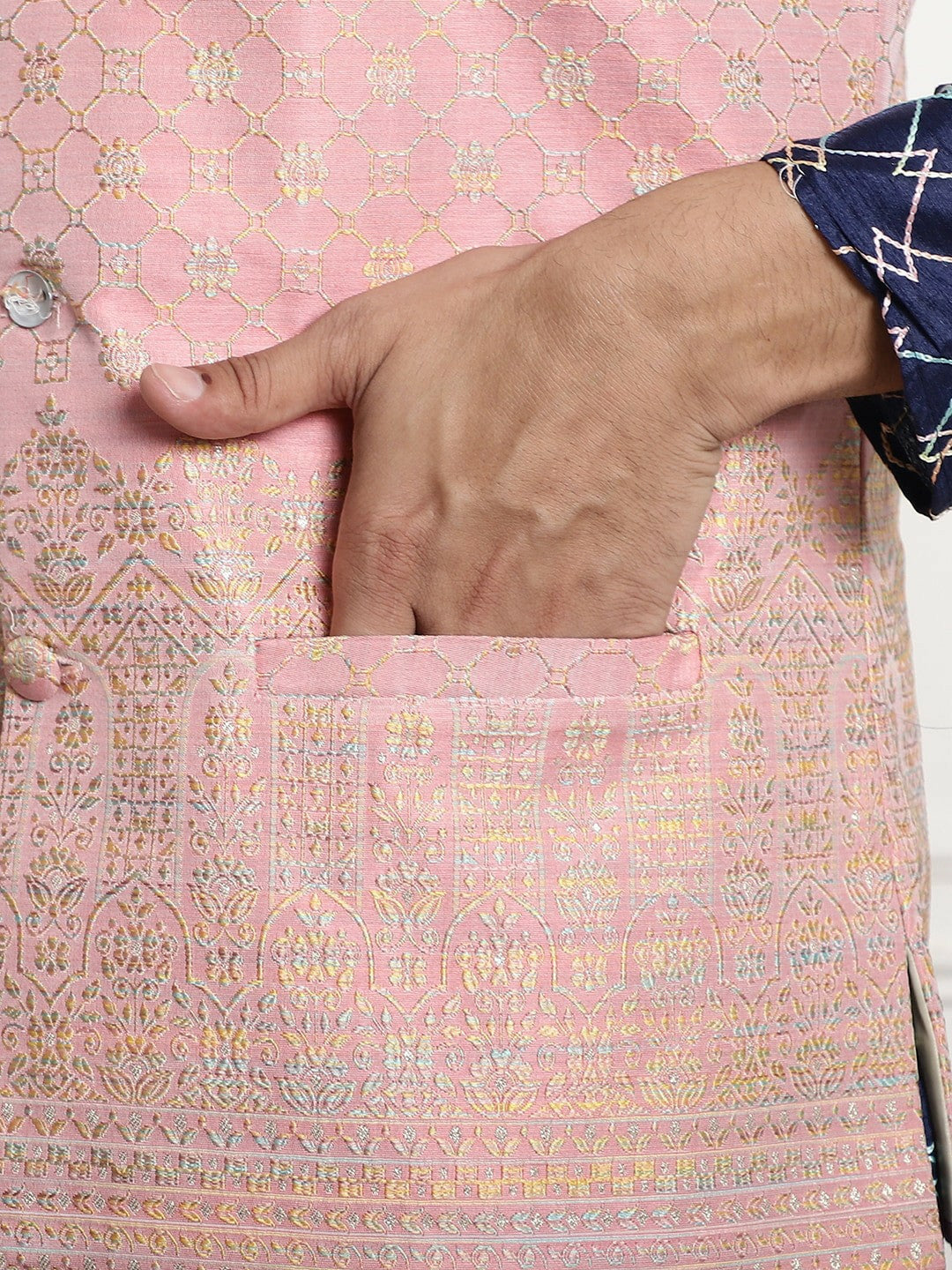 Men’s Pink Jacquard Woven Nehru Jacket – Elegant Festive Wear