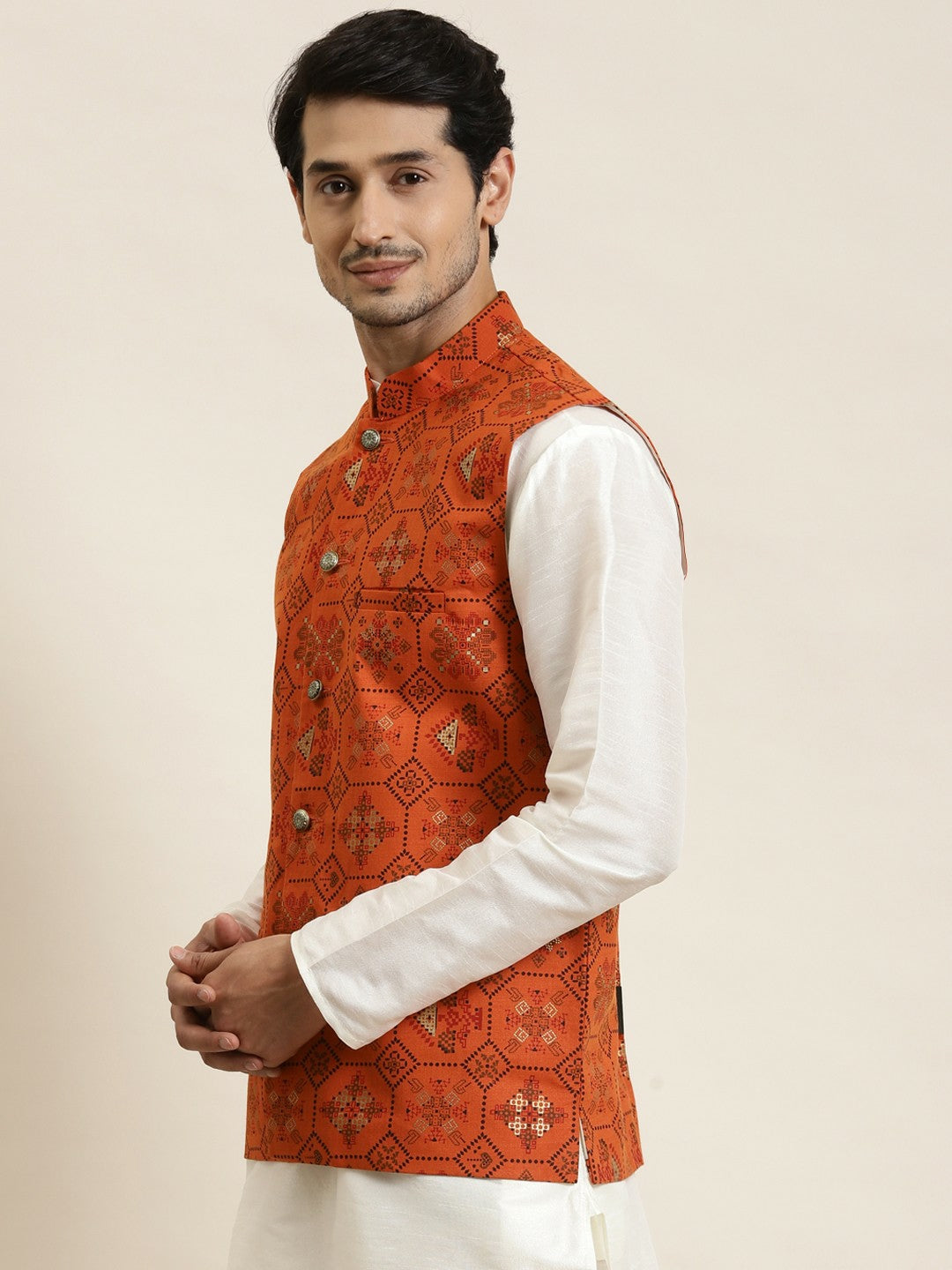 Men’s Orange Ethnic Motifs Printed Nehru Jacket – Traditional Elegance