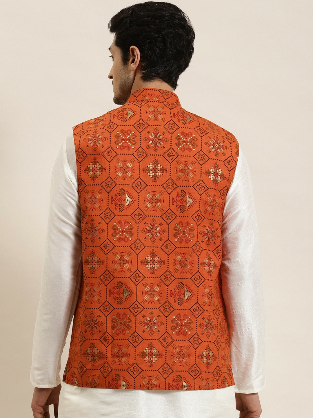 Men’s Orange Ethnic Motifs Printed Nehru Jacket – Traditional Elegance