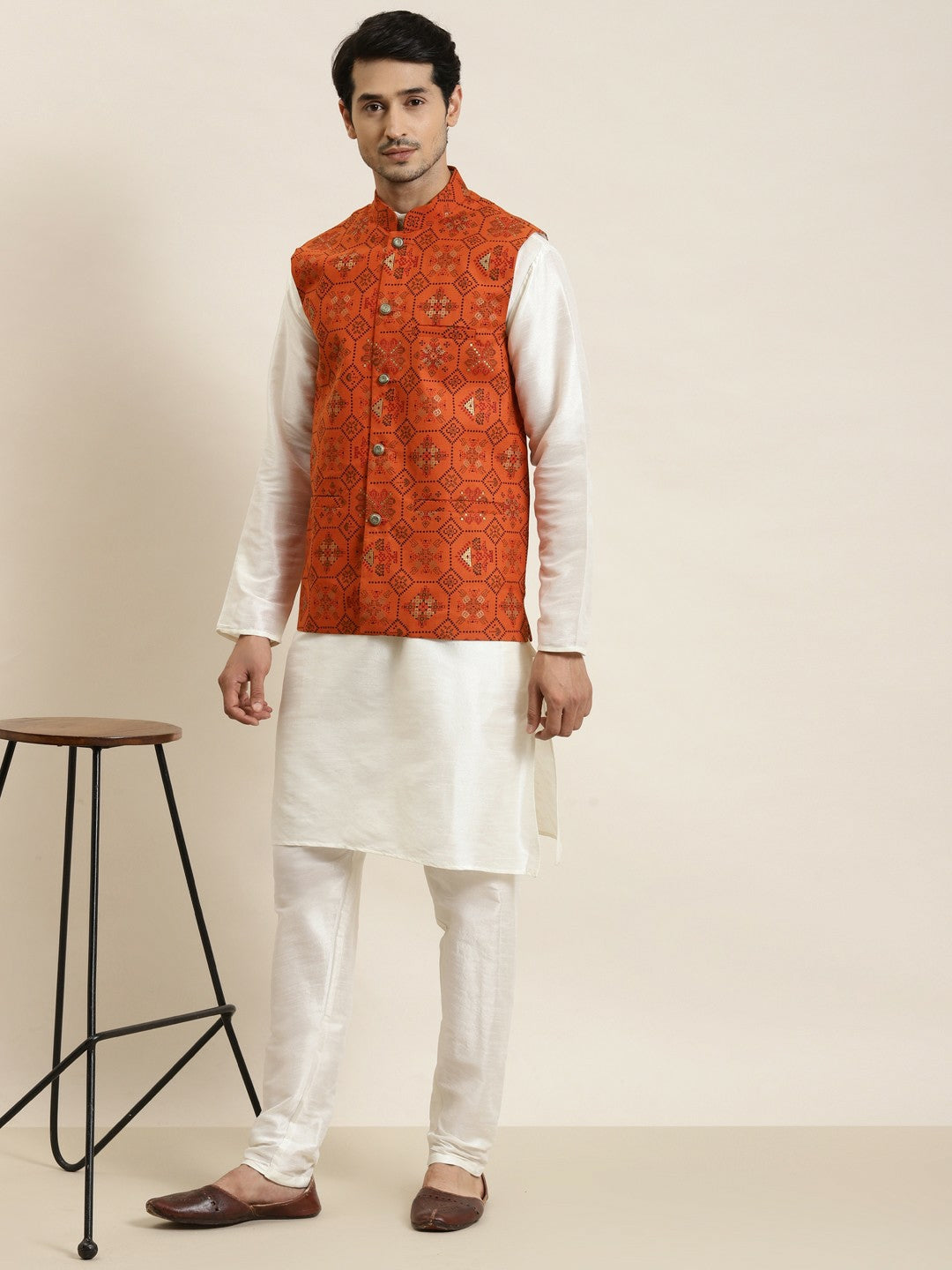 Men’s Orange Ethnic Motifs Printed Nehru Jacket – Traditional Elegance