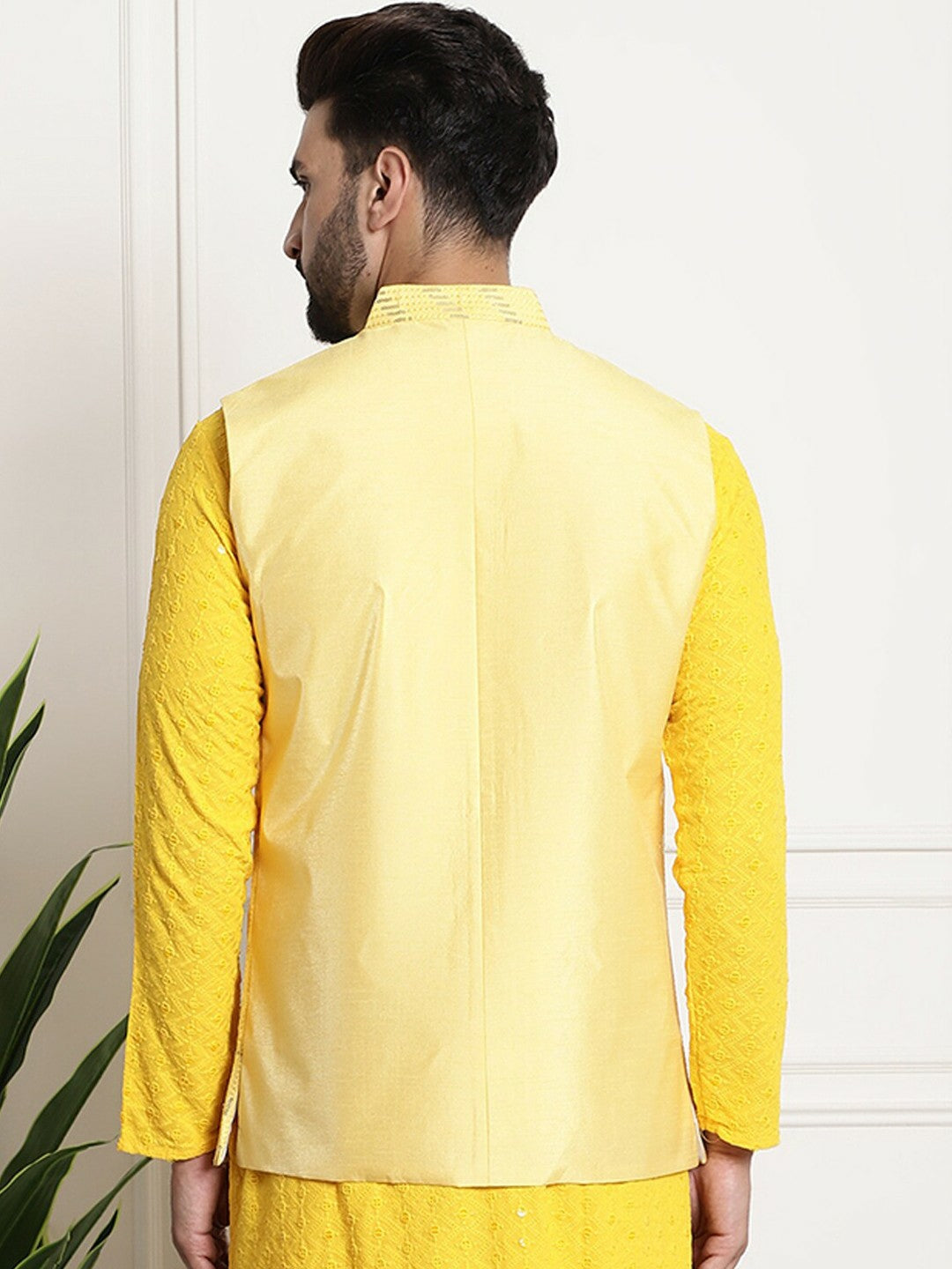 Men’s Yellow Embellished Silk Nehru Jacket – Regal Festive Look