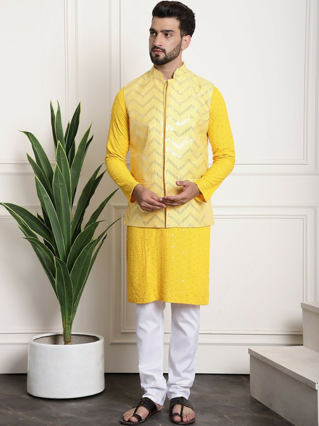Men’s Yellow Embellished Silk Nehru Jacket – Regal Festive Look