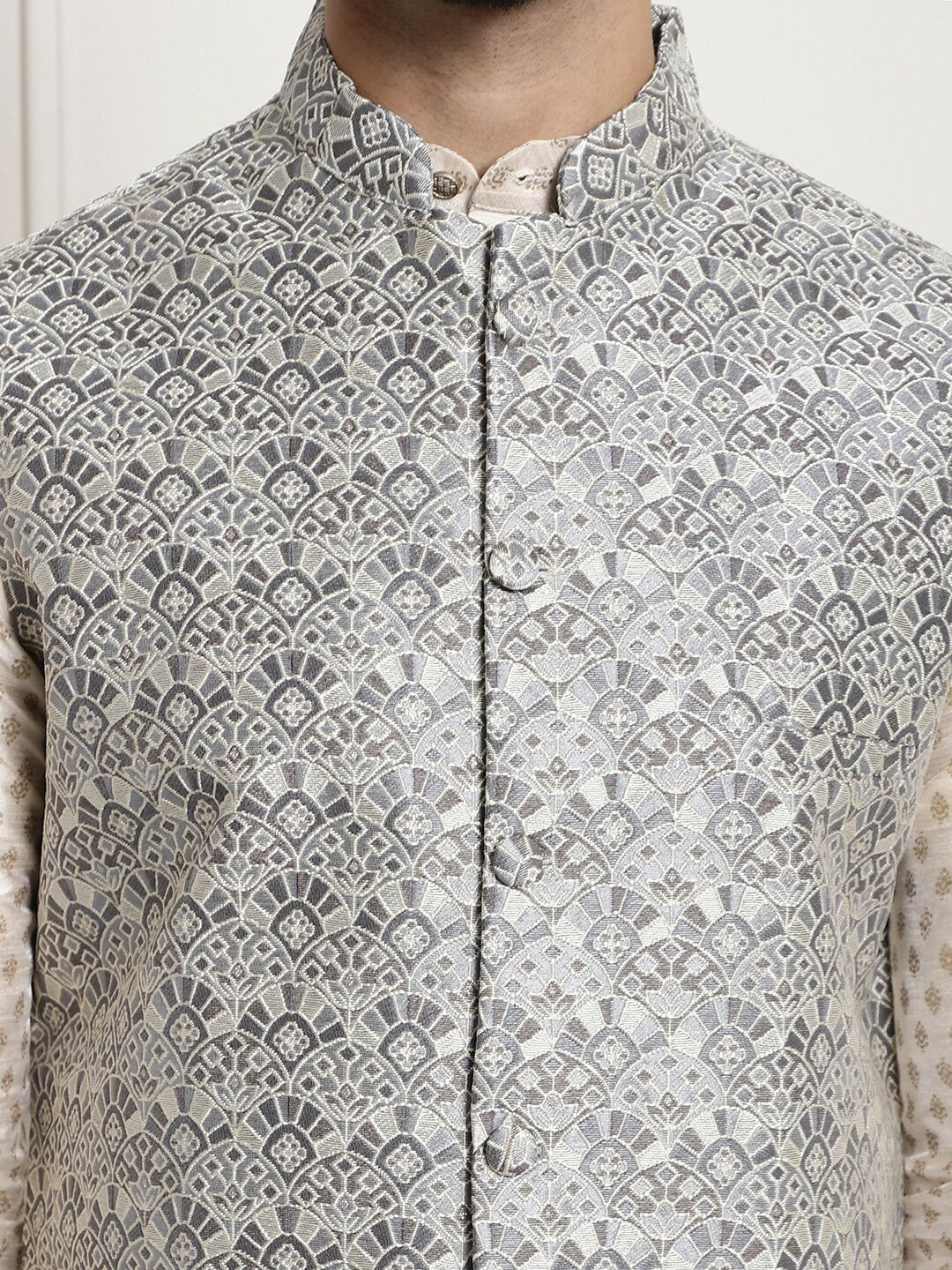 Men’s Grey Ethnic Motifs Woven Nehru Jacket – Mandarin Collar Festive Wear