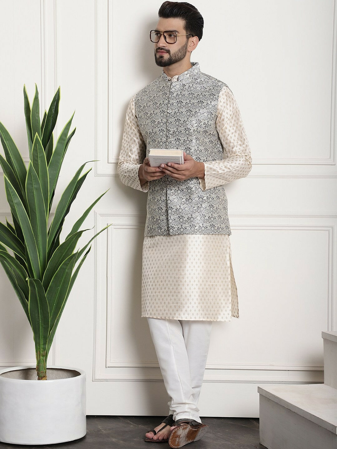 Men’s Grey Ethnic Motifs Woven Nehru Jacket – Mandarin Collar Festive Wear