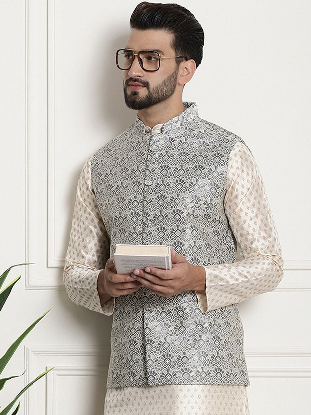 Men’s Grey Ethnic Motifs Woven Nehru Jacket – Mandarin Collar Festive Wear
