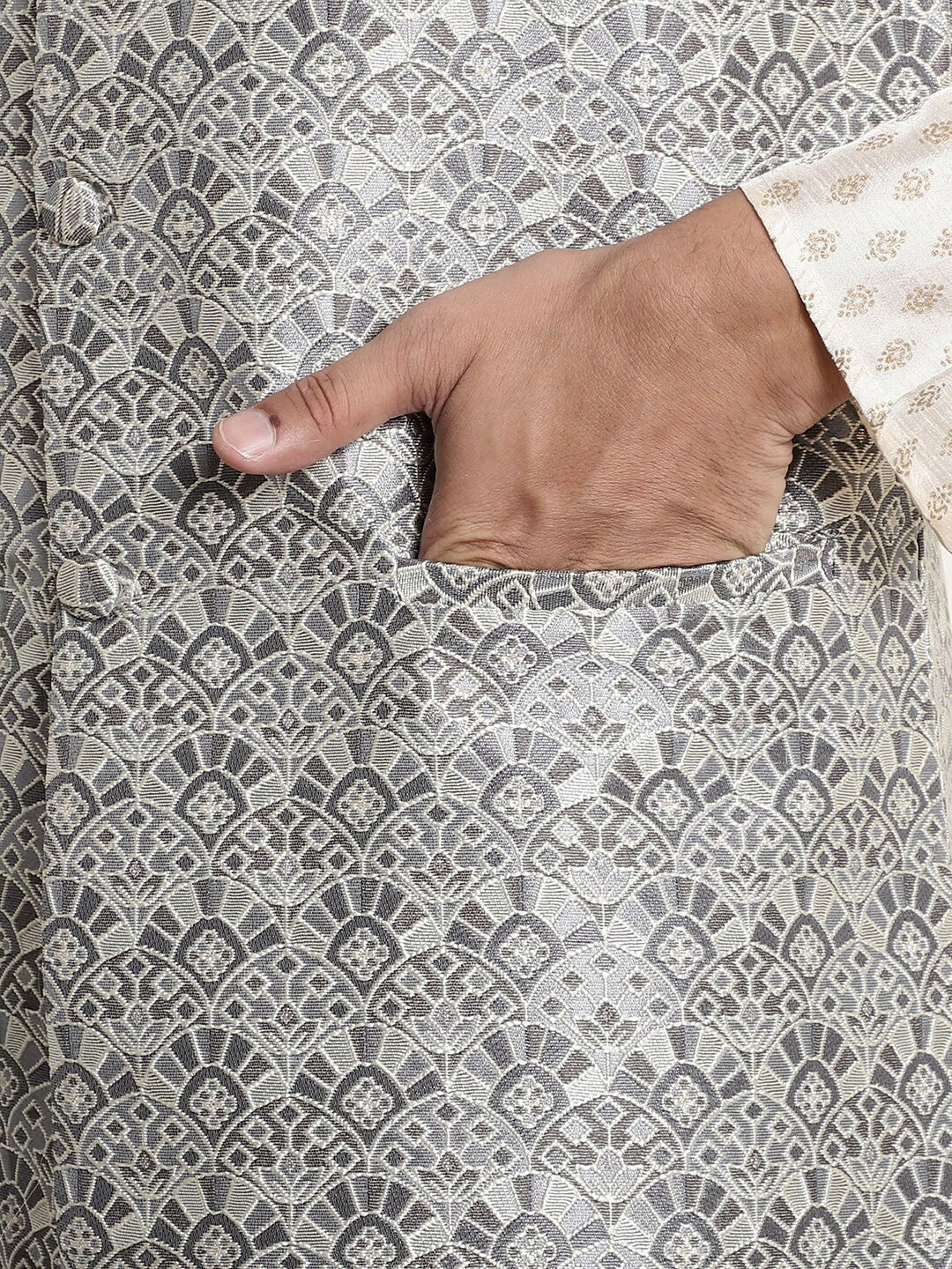 Men’s Grey Ethnic Motifs Woven Nehru Jacket – Mandarin Collar Festive Wear