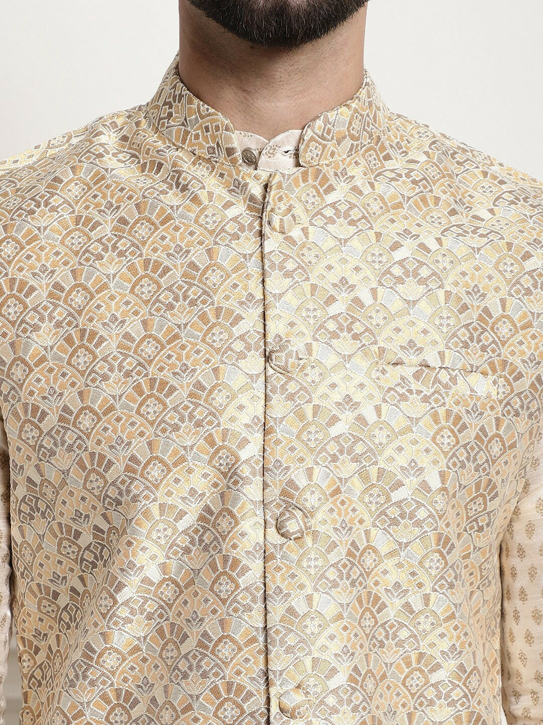Men’s Beige & Brown Ethnic Motifs Woven Nehru Jacket – Festive Elegance