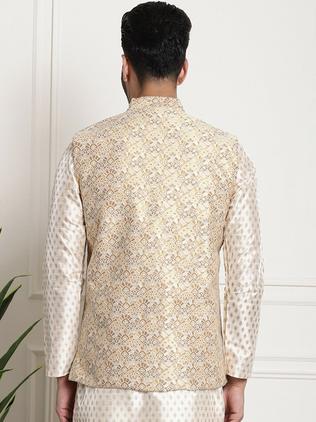 Men’s Beige & Brown Ethnic Motifs Woven Nehru Jacket – Festive Elegance