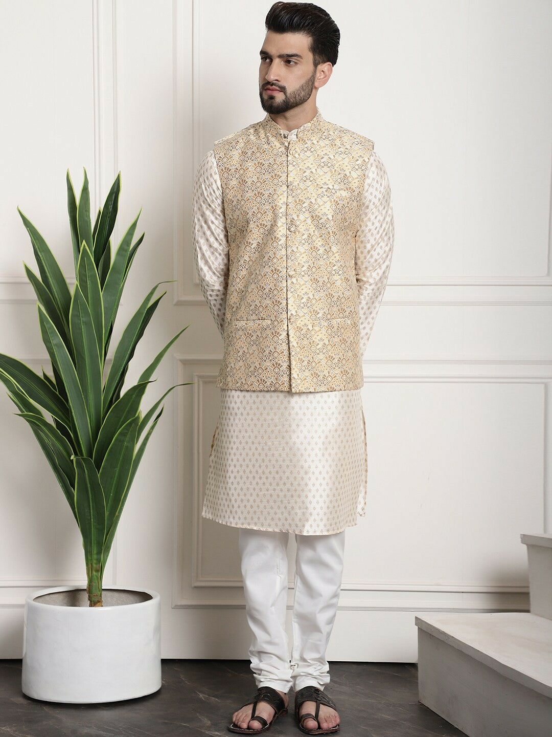 Men’s Beige & Brown Ethnic Motifs Woven Nehru Jacket – Festive Elegance