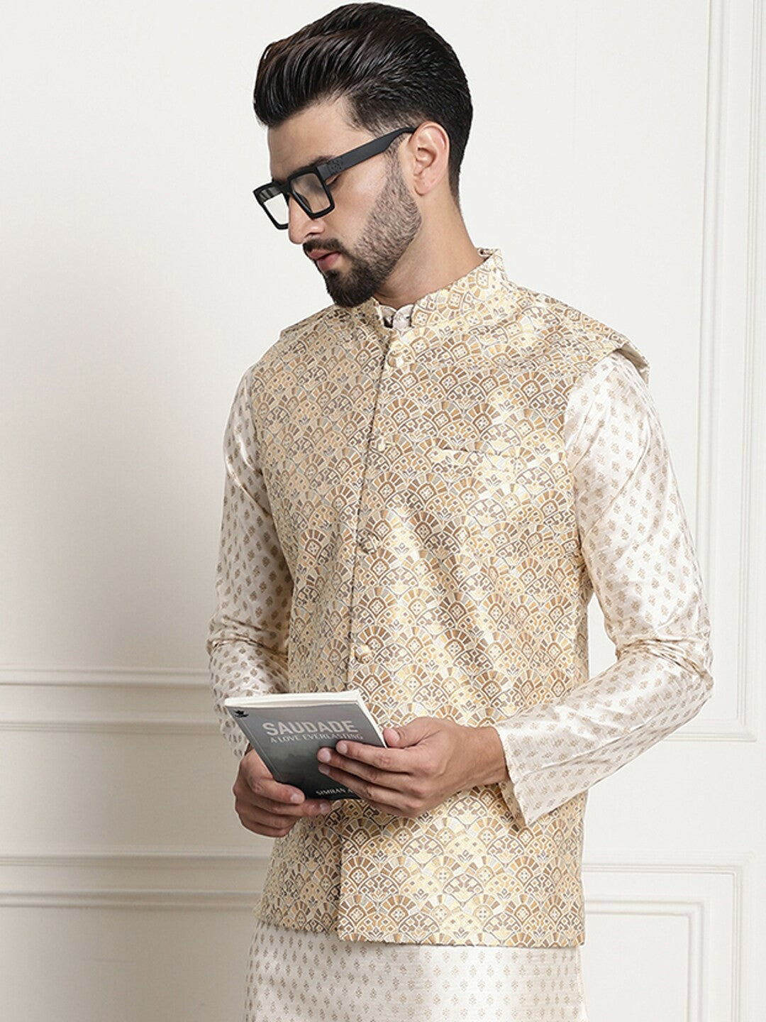 Men’s Beige & Brown Ethnic Motifs Woven Nehru Jacket – Festive Elegance