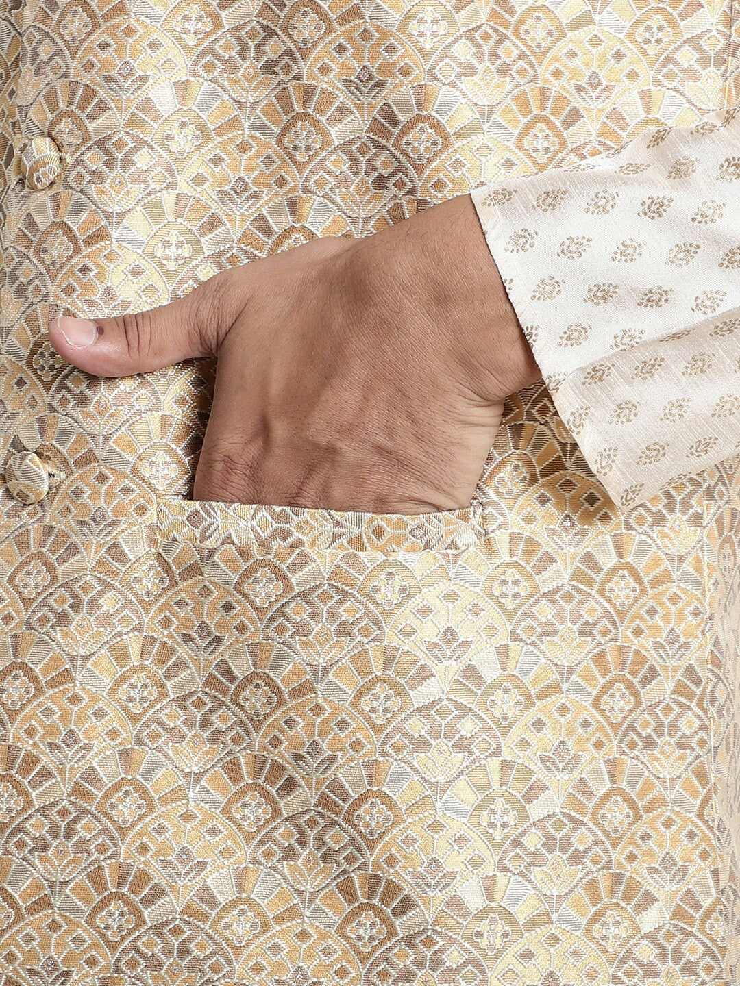 Men’s Beige & Brown Ethnic Motifs Woven Nehru Jacket – Festive Elegance